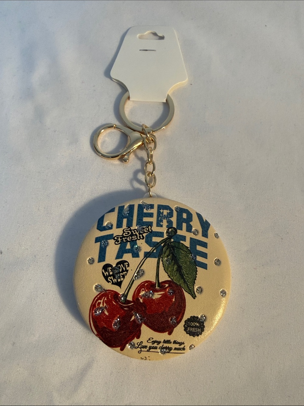 Cherry Taste Cherry Keychain Gold Tone and Mirror